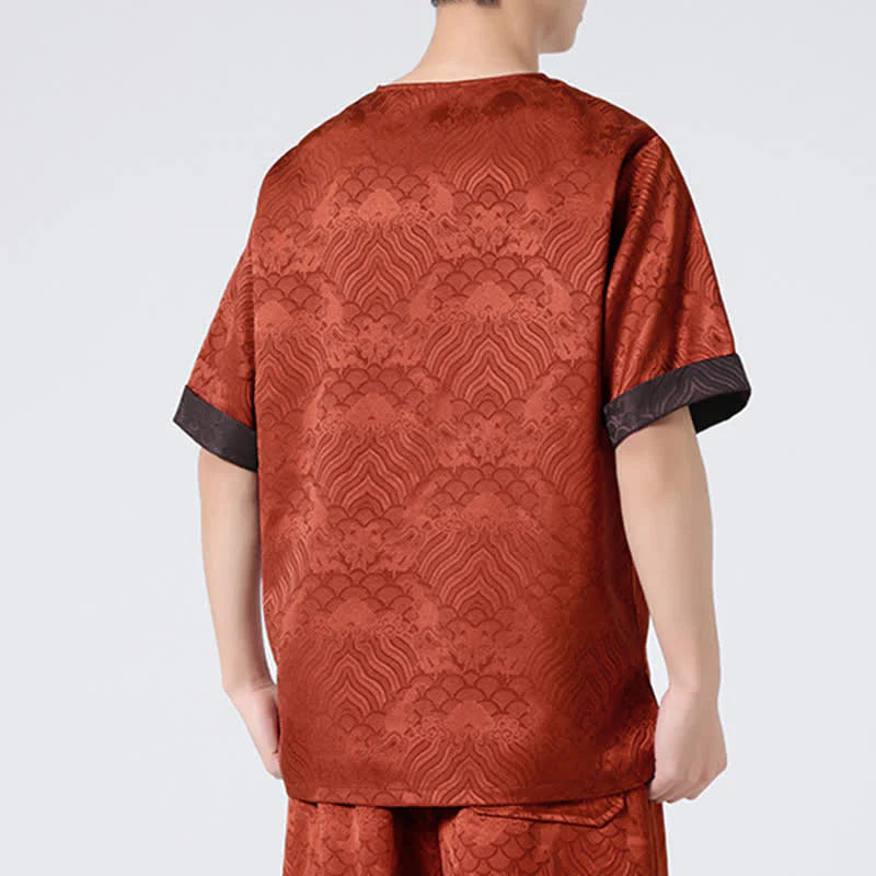 Buddha Stones Summer Retro Crackle Auspicious Cloud Pattern Short Sleeve Men's T-shirt