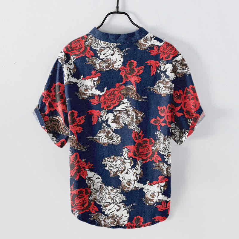 Buddha Stones Cotton Red Floral Cloud Print Henley Men's Short Sleeve Half Button Shirt