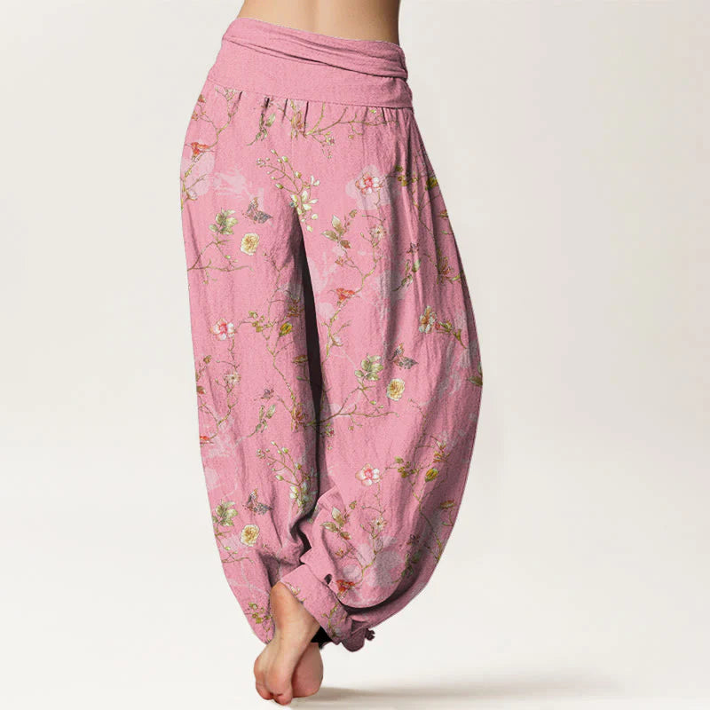 Buddha Stones Pure Cotton Retro Flowers Leaves Branches Pattern Women's Elastic Waist Harem Pants