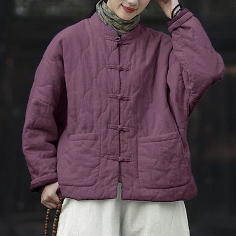 Buddha Stones Winter Curved Lines Frog-Button Ramie Cotton Long Sleeve Women's Thermal Jacket With Pockets