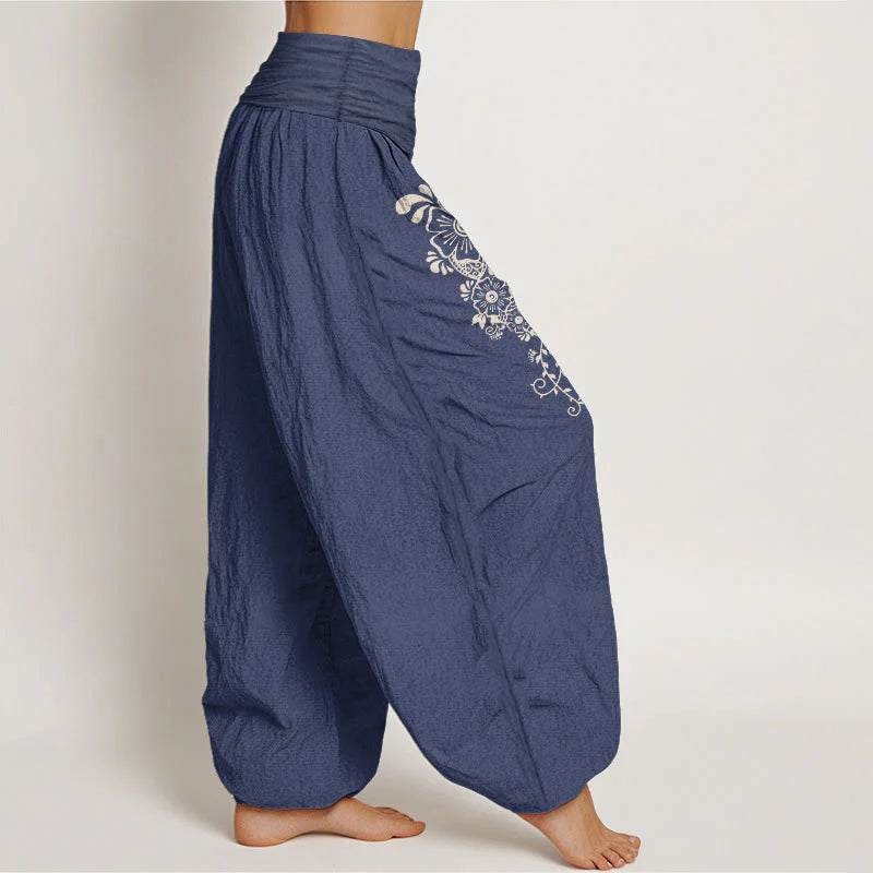 Buddha Stones Pure Cotton Simple Elegant Flower Butterfly Vine Pattern Women's Elastic Waist Harem Pants