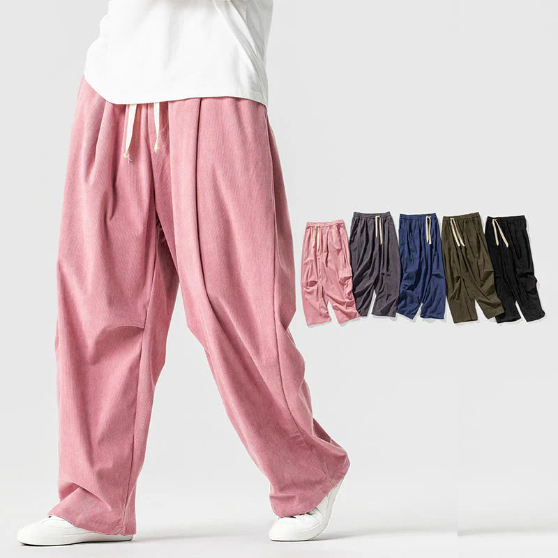 Buddha Stones Winter Drawstring Corduroy Cotton Men's Wide Leg Pants With Pockets