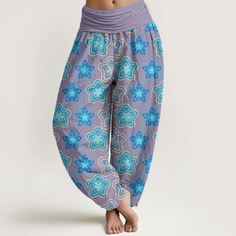 Buddha Stones Cotton Regular Layout Of Five-petal Flower Pattern Women's Elastic Waist Harem Pants