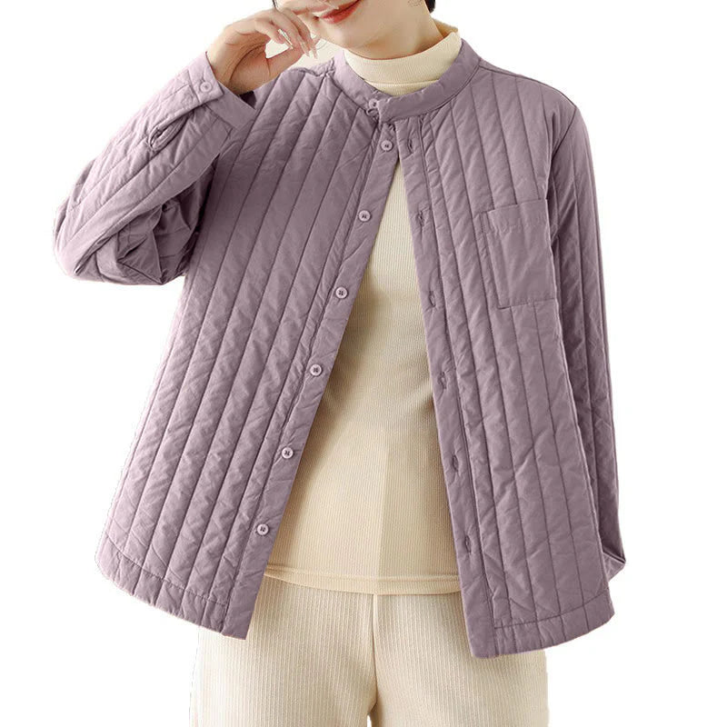 Buddha Stones Women's Stand Collar Simple Design Long Sleeve Thermal Cotton Jacket With Pocket