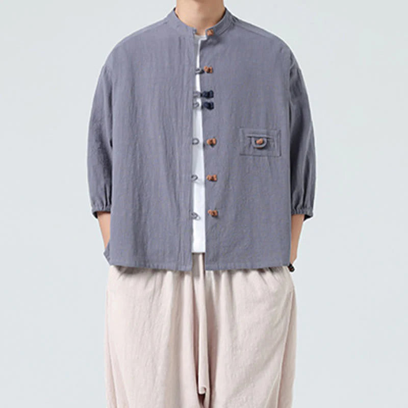Buddha Stones Summer Frog-Button Front Stand Collar Men's Three Quarter Sleeve Cotton Shirt Cardigan With Pocket