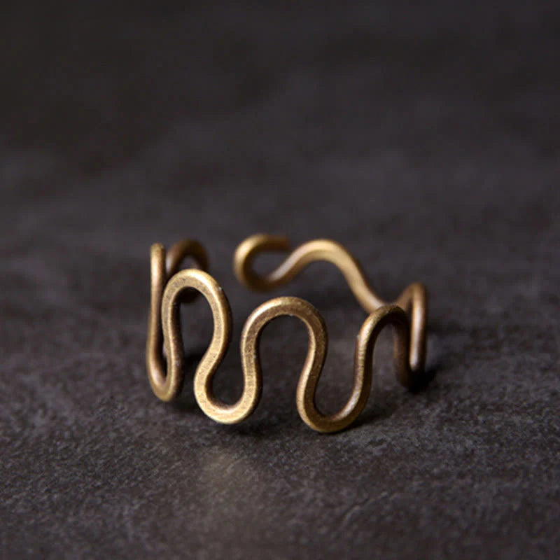 Buddha Stones Simple Curved Brass Design Copper Luck Wealth Adjustable Ring