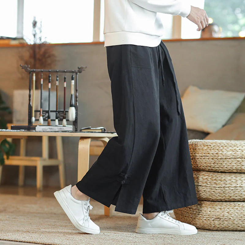 Buddha Stones Fall Drawstring Chinese Frog-Button Men's Wide Leg Cotton Pants With Pockets
