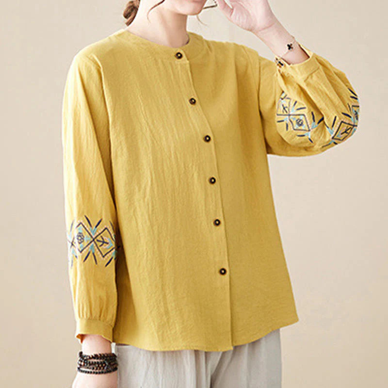 Buddha Stones Geometry Embroidery Long Sleeve Button Cotton Linen Women's Shirts