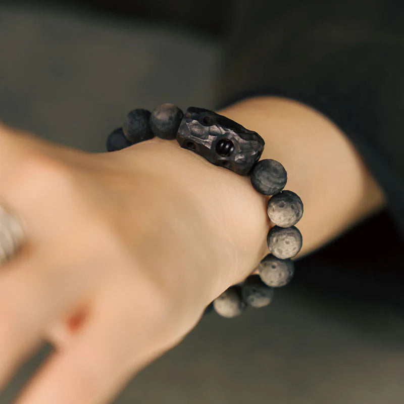 Buddha Stones Silver Sheen Obsidian Ebony Wood Soothing Bracelet