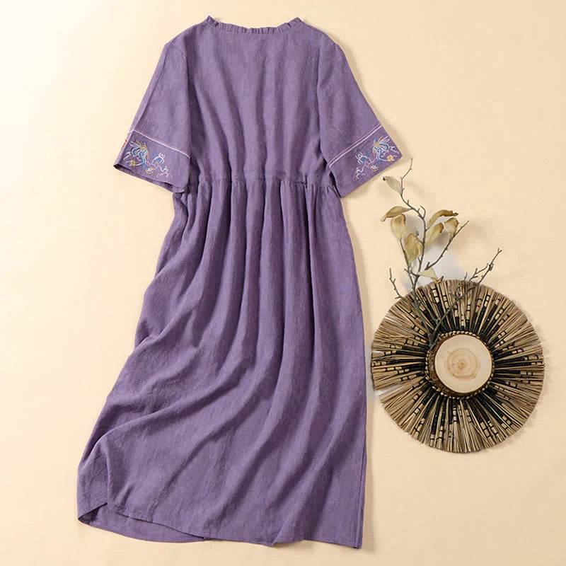 Buddha Stones Summer V-Neck Floral Embroidery Design Short Sleeve Cotton Midi Dress With Pockets