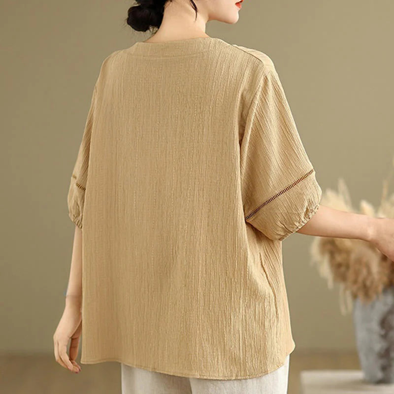 Buddha Stones Casual Plain Button V-Neck Women's Polyester Short Sleeve Shirt