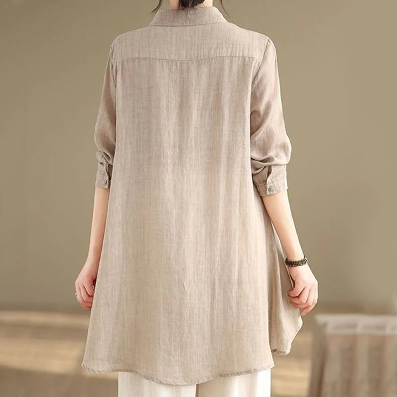 Buddha Stones Irregular Design Buttons Long Sleeve Women's Cotton Shirt