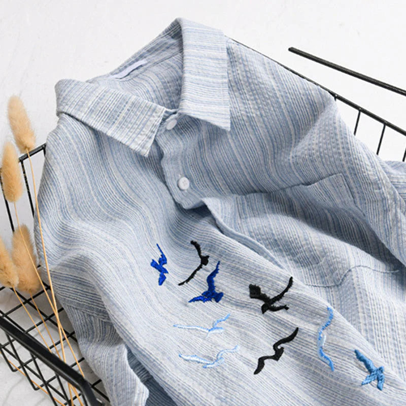Buddha Stones Embroidery Bird Striped Pattern Long Sleeve Men's Cotton Shirt With Pocket