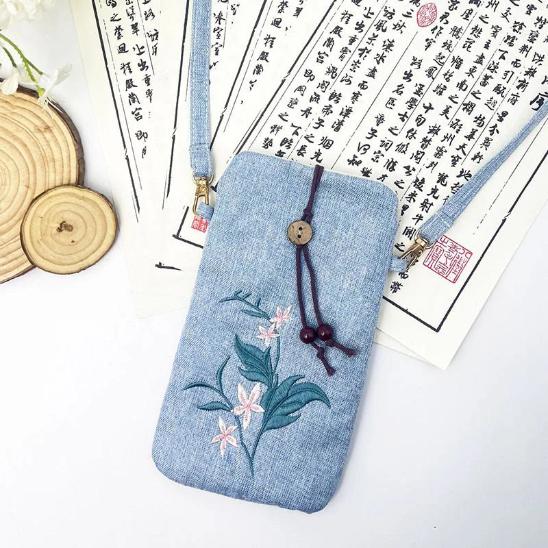 Buddha Stones Small Embroidered Flowers Crossbody Bag Shoulder Bag Cellphone Bag 11*20cm
