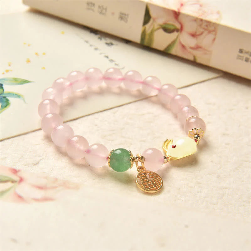Year of the Rabbit Natural Pink Crystal Green Agate Bunny Love Happiness Bracelet