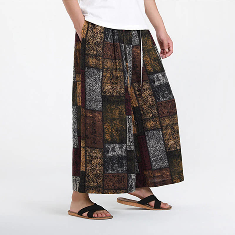 Buddha Stones Summer Patchwork Design 7-8 Length Men's Wide Leg Pants With Pockets