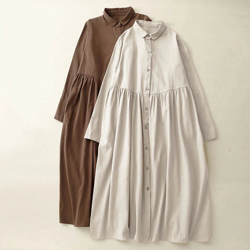 Buddha Stones Commute Long Sleeve Pure Color Button Design Lapel Cotton Midi Dress