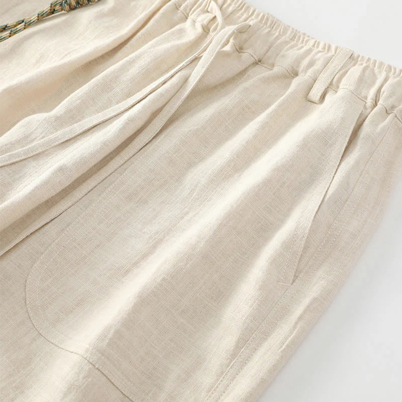 Buddha Stones Summer Ramie Linen Cotton Ankle-Length Elastic Cuffs Tapered Men's Pants With Pockets