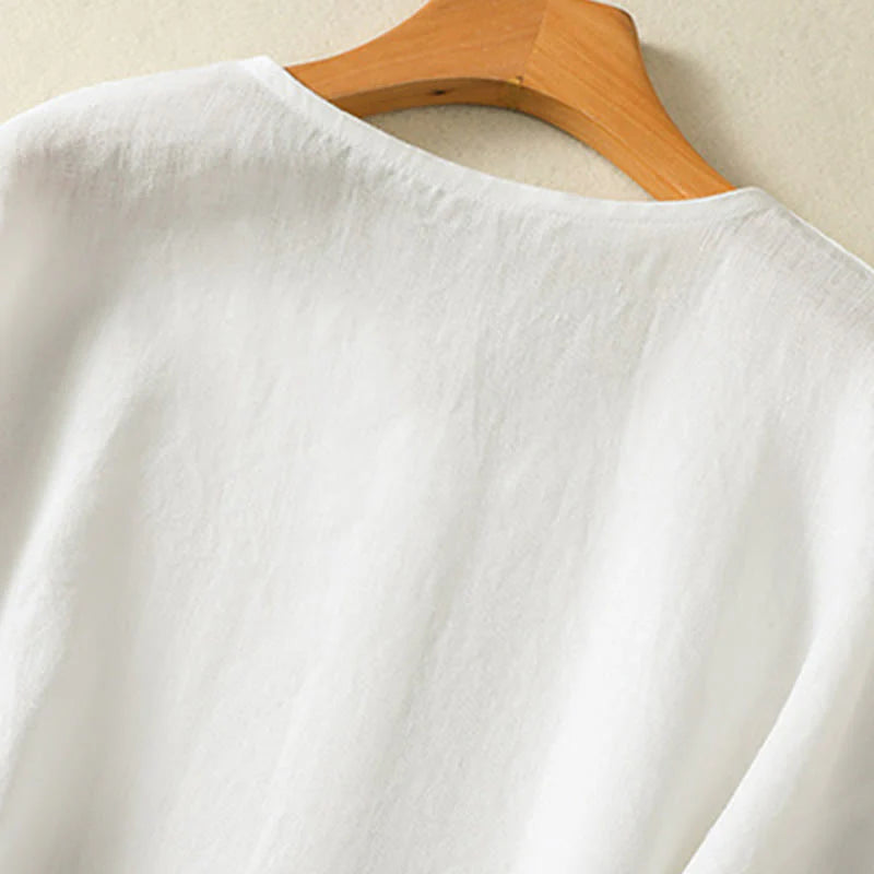 Buddha Stones Spring Plain Buttons Design V-Neck Long Sleeve Women's Cotton Linen Shirt