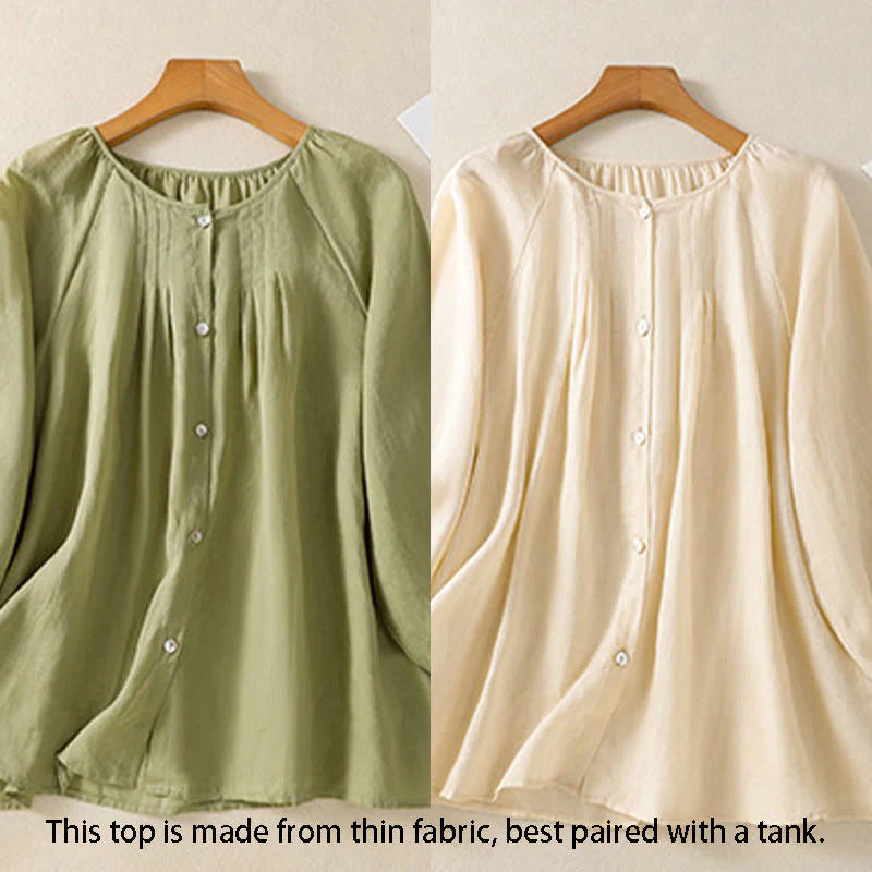 Buddha Stones Plain Button Crew Neck Three Quarter Sleeve Women's Cotton Shirt