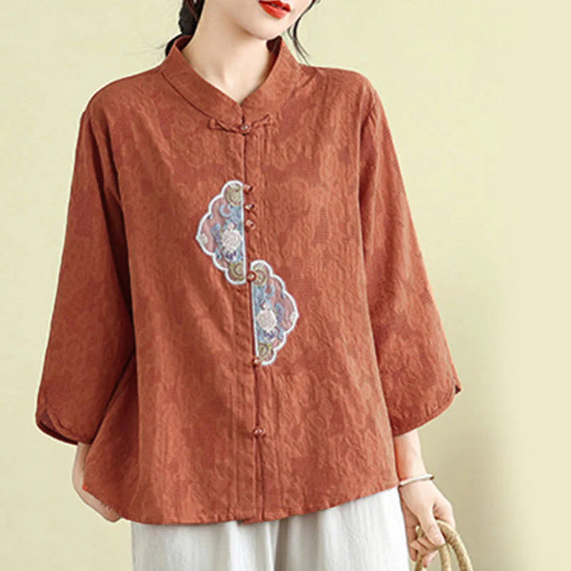 Buddha Stones Flower Embroidery Jacquard Three Quarter Sleeve Frog-Button Cotton Women's Shirt