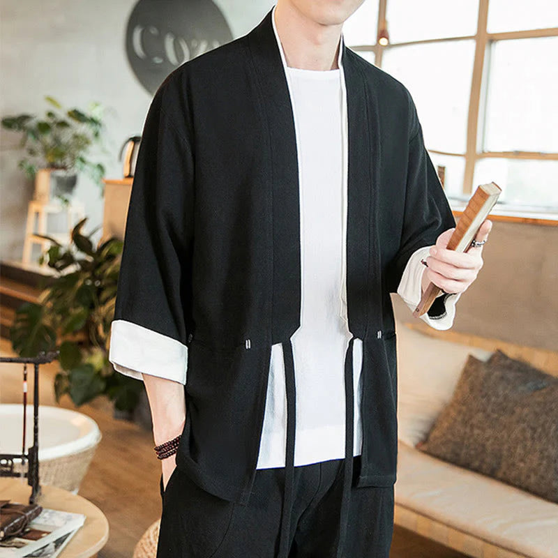 Buddha Stones Lace-Up Design Jacket Cotton Linen Men's Three Quarter Sleeve Kimono With Pockets