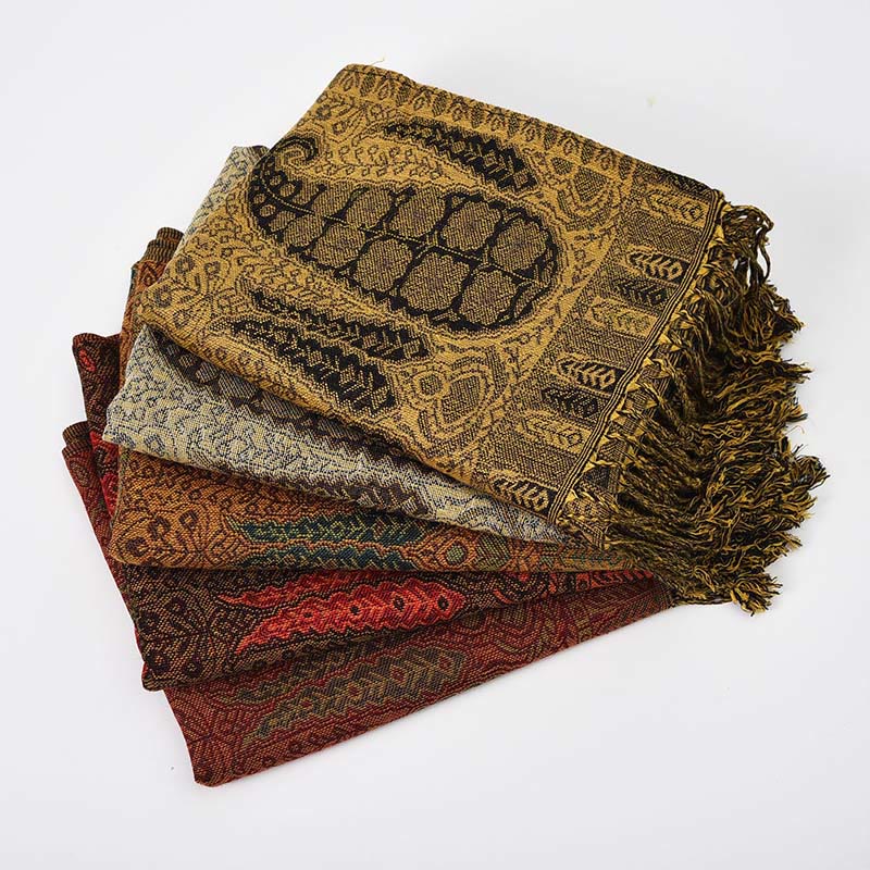 Buddha Stones Jacquard Color Contrast Patchwork Paisley Pattern Tassel Cozy Scarf Shawl