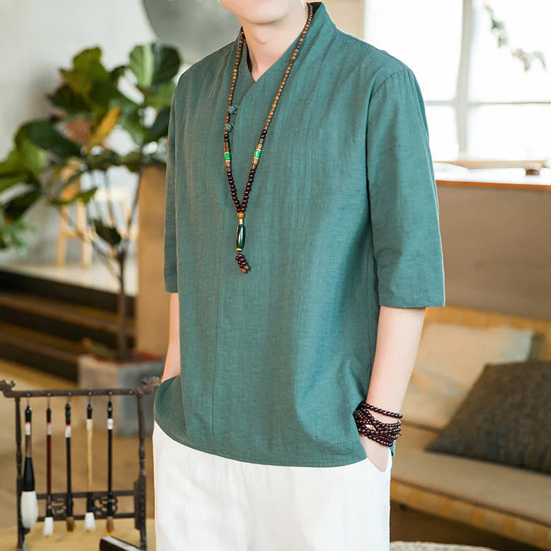 Buddha Stones Summer Vintage Solid Color Frog-Button Design Men's Cotton Three Quarter Sleeve Shirt