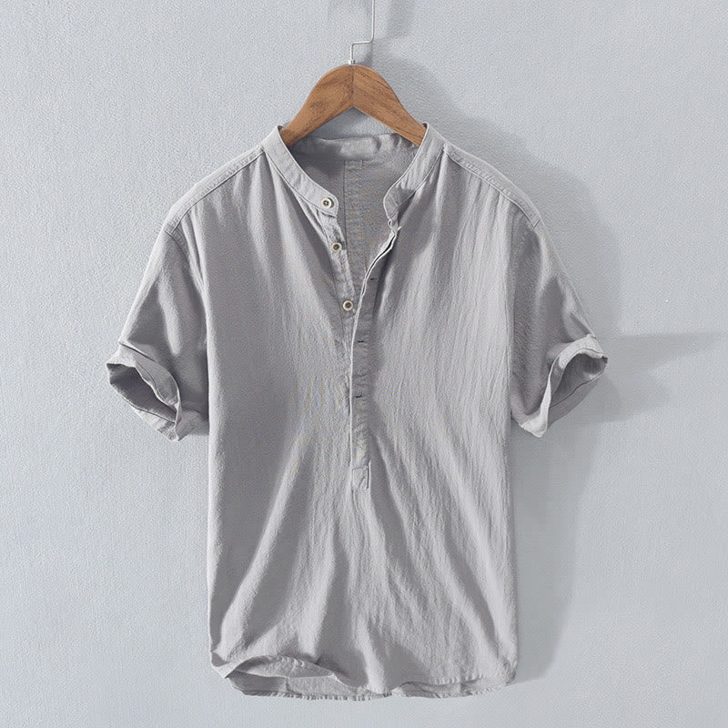 Buddha Stones Solid Color Short Sleeve Half Button Shirt Cotton Men Clothing