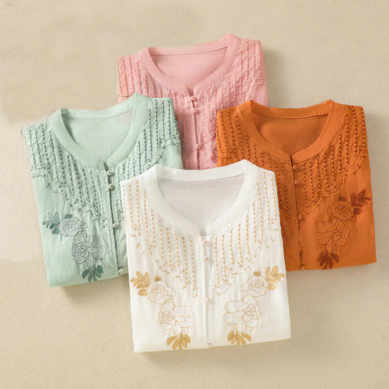 Buddha Stones Rose Floral Embroidery Button Half Sleeve Women's Cotton Shirt