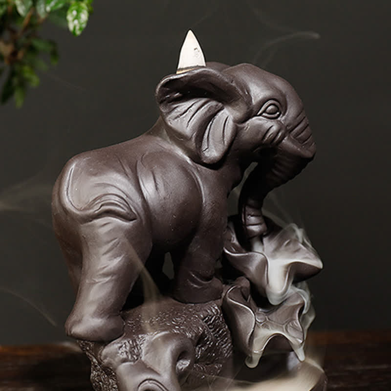 Buddha Stones Tibetan Elephant Purple Clay Backflow Smoke Fountain Peace Healing Incense Burner Decoration