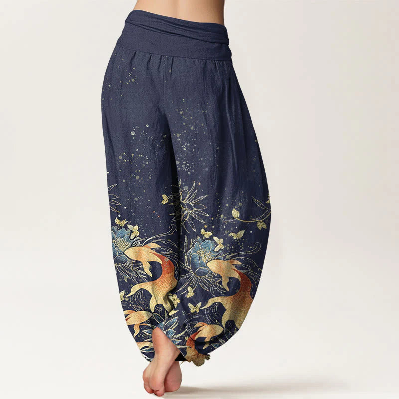Buddha Stones Cotton Butterfly Koi Fish Lotus Pattern Women's Elastic Waist Harem Pants