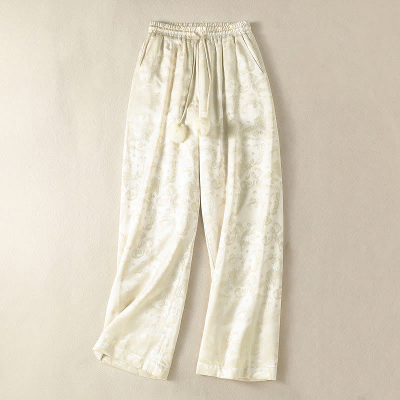 Buddha Stones Jacquard High Waist Design Women's Wide Leg Thermal Thickened Pants With Pockets