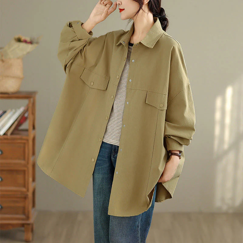 Buddha Stones Fall Pure Color Lapel Button Simple Design Women's Cotton Long Sleeve Jacket