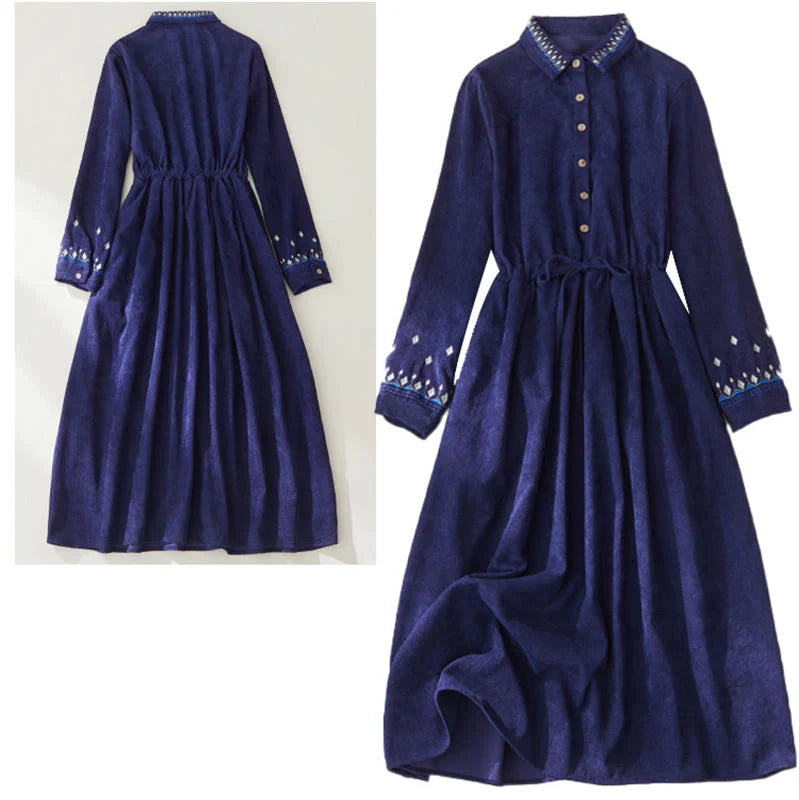 Buddha Stones Embroidered Floral Pattern Lace-up Design Long Sleeve Midi Dress With Pockets