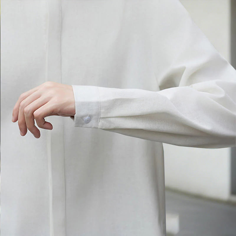 Buddha Stones Fall Solid Color White Men's Long Sleeve Cotton Linen Shirt Corduroy Kimono