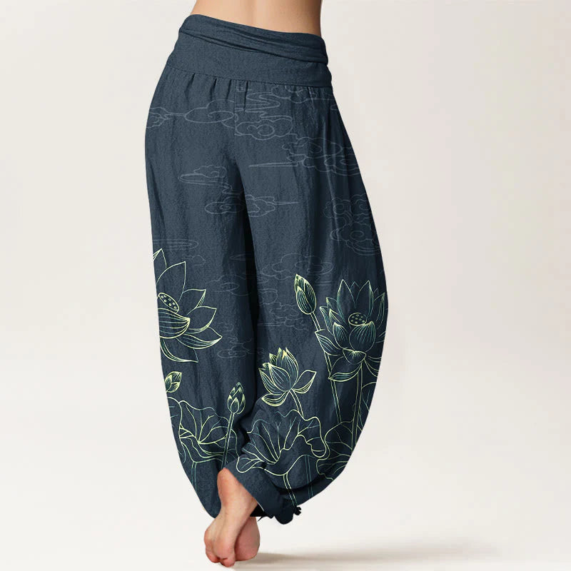 Buddha Stones Pure Cotton Concise Lotus Flower Leaf Pod Bud Cloud Pattern Women's Elastic Waist Harem Pants