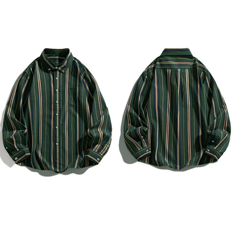 Buddha Stones Retro Color Blocked Stripes Long Sleeve Button Men's Cotton Shirts With Pocket