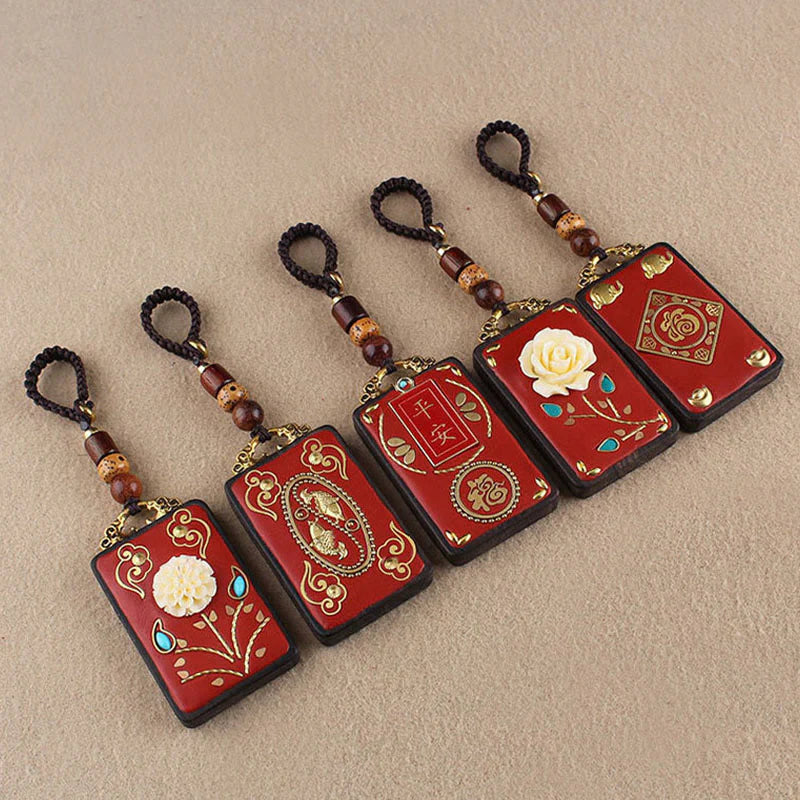 Buddha Stones Ebony Flower Koi Fish Fu Character Button Rope Key Chain