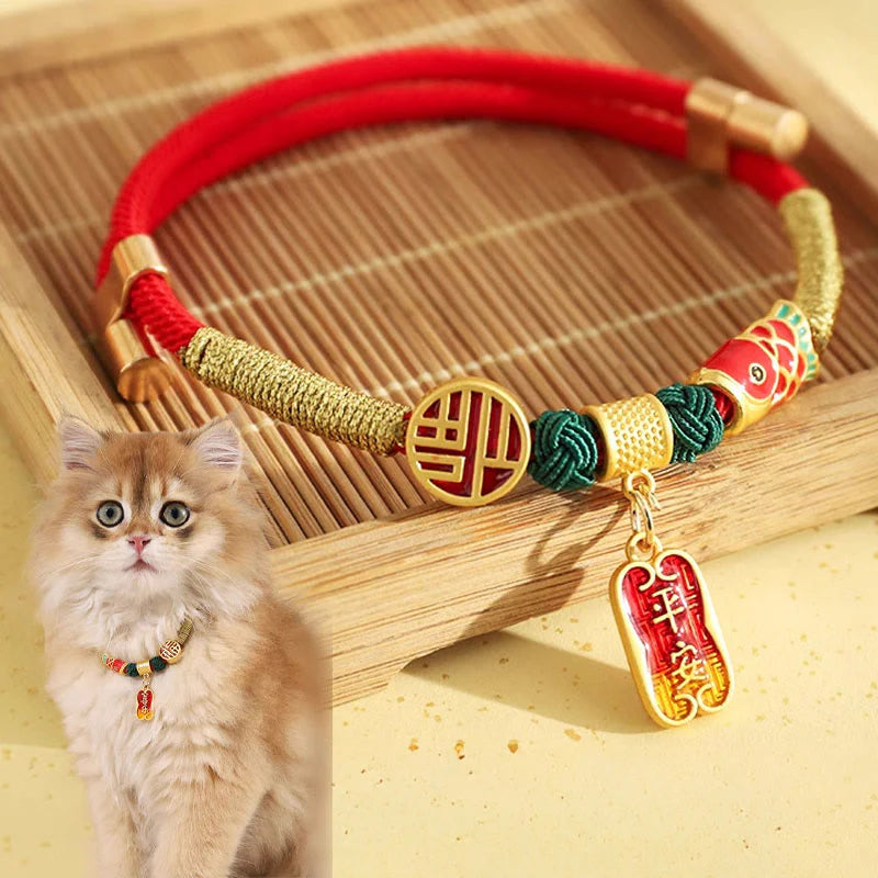 Buddha Stones Metal Pendant Red String Peace Joy Blessing Protection Adjustable Cats Small Dogs Pet Collar