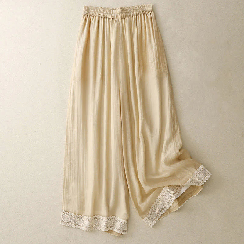 Buddha Stones Spring Vintage Casual Solid Color Lace Patchwork Cuff Women's Cotton Linen Wide Leg Pants With Pockets