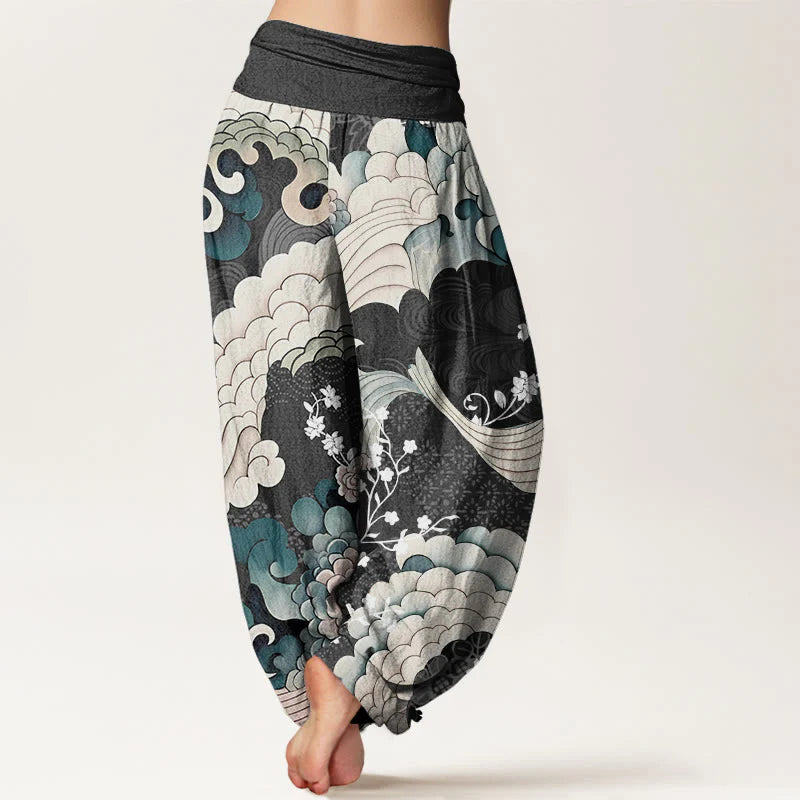 Buddha Stones Cotton Flower Wave Pattern Women's Elastic Waist Harem Pants