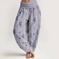 Buddha Stones Cotton Softly Colored Leaf Striped Pattern Women's Elastic Waist Harem Pants