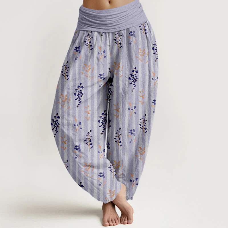 Buddha Stones Cotton Softly Colored Leaf Striped Pattern Women's Elastic Waist Harem Pants