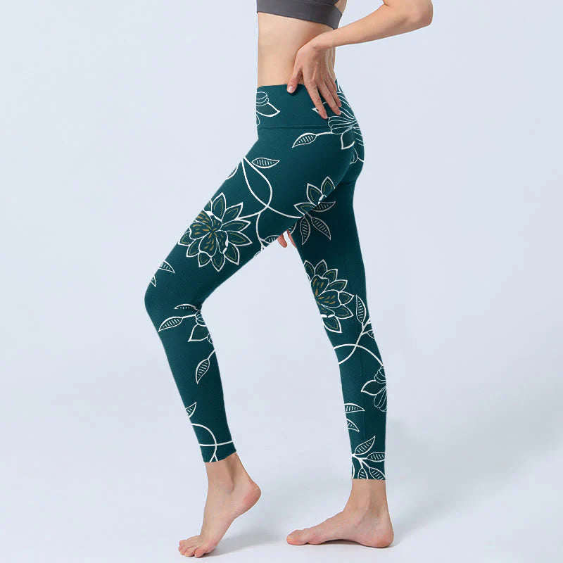 Buddha Stones Retro Elegant Flower Leaf Pattern Print Gym Leggings Women's Yoga Pants