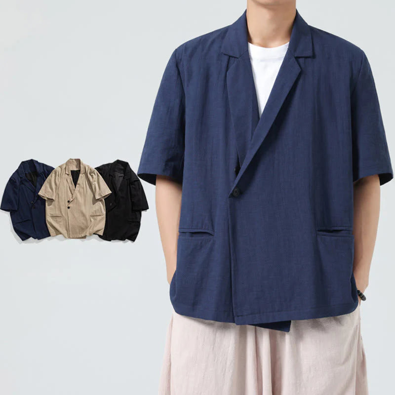 Buddha Stones Spring Plain Asymmetrical Lapel Collar Short Sleeve Men's Cotton Linen Shirt With Pockets