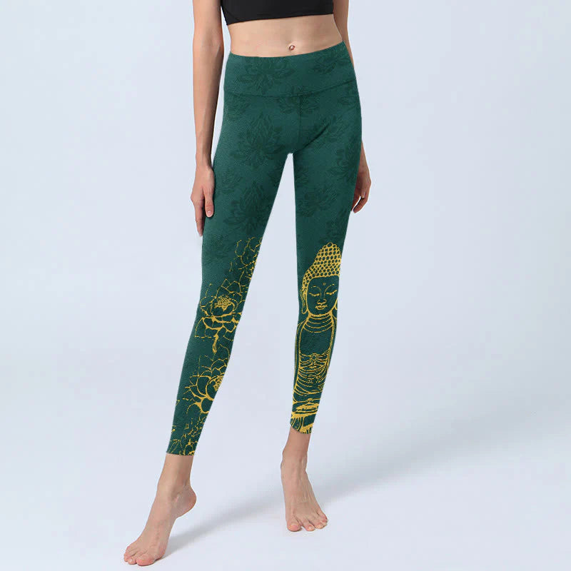 Buddha Stones Lotus Buddha Image Pattern Print Gym Leggings Women's Yoga Pants