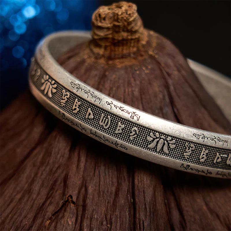 Buddha Stones Om Mani Padme Hum Heart Sutra Mantra Lotus Peace Meditation Cuff Bracelet Bangle