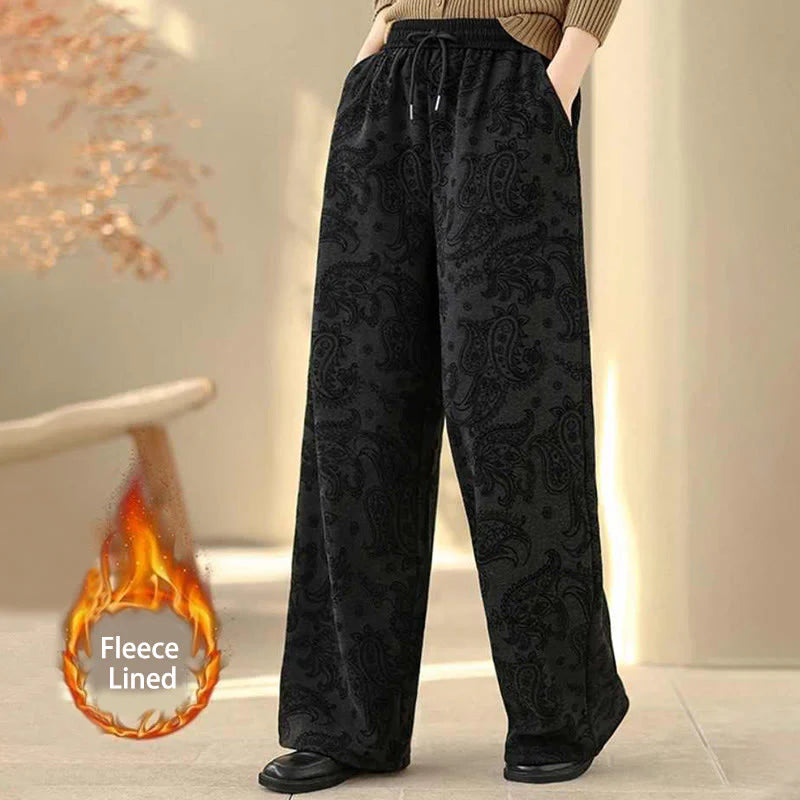 Buddha Stones Jacquard Paisley Pattern Women's Wide Leg Thermal Fleece-Lined Cotton Pants With Pockets