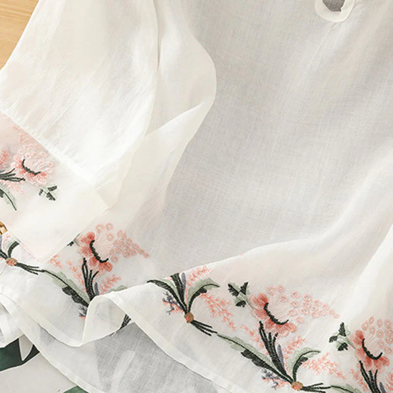 Buddha Stones Casual Floral Embroidery Crew Neck Women's Frog-Button Polyester Half Sleeve Shirt